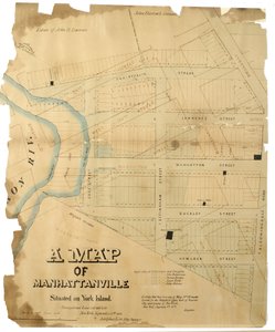 ヨーク島にあるマンハッタンビルの地図。1806年にアドルファスロスによって調査され、区画に配置されました（ペンとインク（黒とカラー）、紙に水彩、布にマウント）。 作： American School